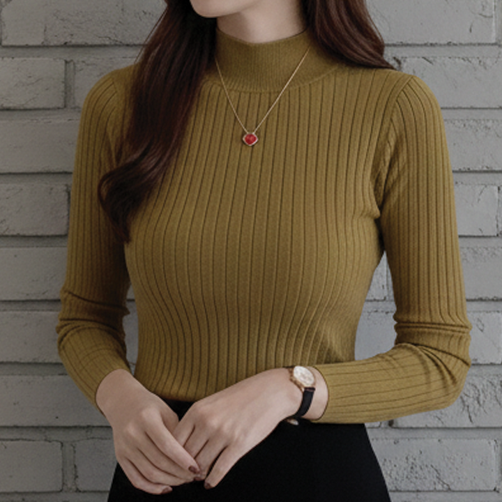 Women's Mock Neck Ribbed Knit Merino Wool Long Sleeve Jumper