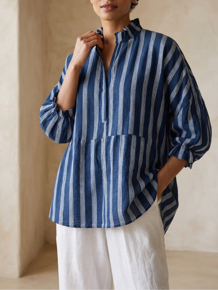 Women's Striped V-Neck Ruffle Trim Lantern Sleeve Top