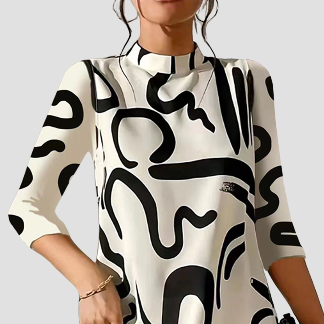Women's Satin Dress Mock Neck Abstract Print 3/4 Sleeve Shift