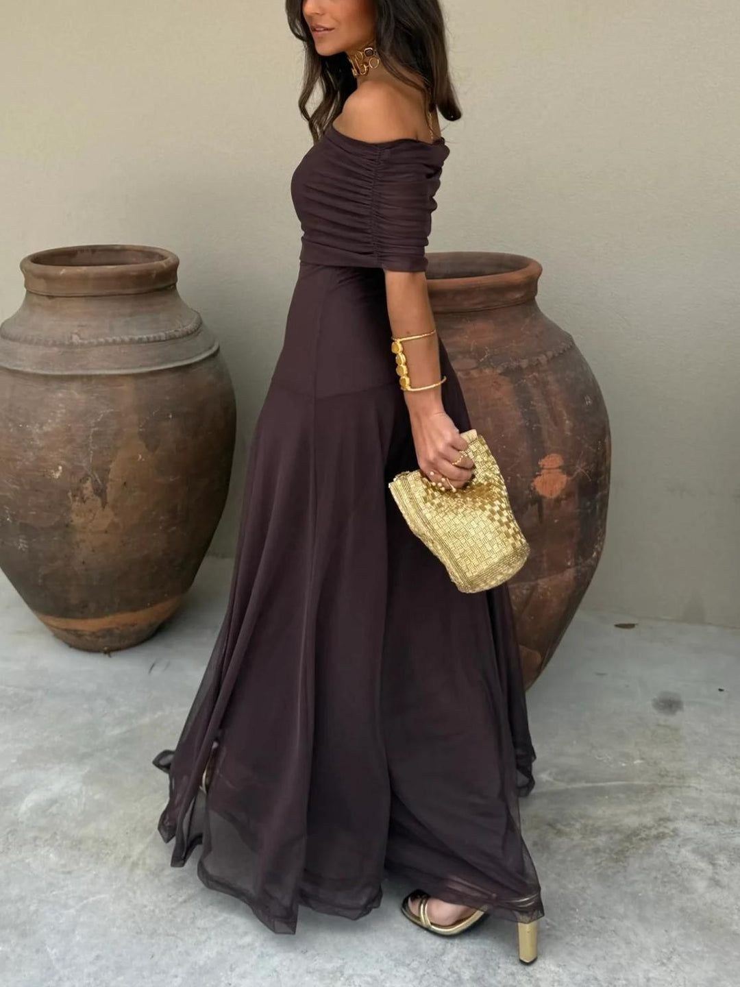Women's Off Shoulder Chiffon A Line Party Evening Maxi Dress