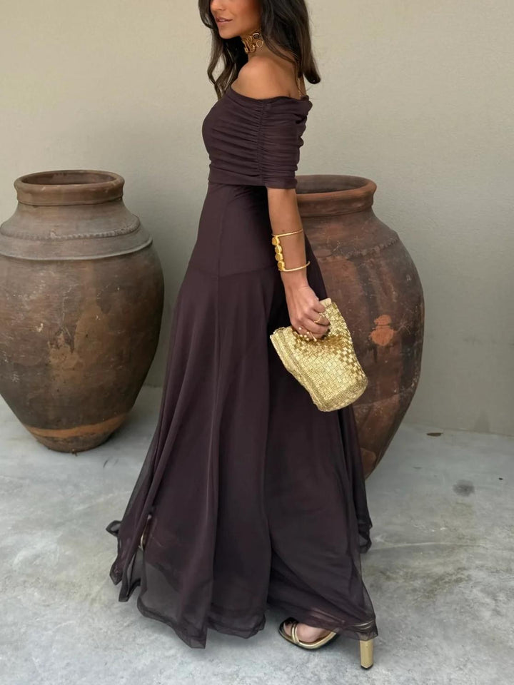 Women's Off Shoulder Chiffon A Line Party Evening Maxi Dress