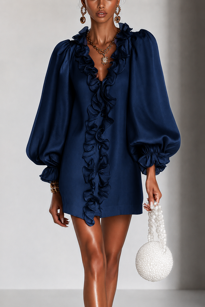 Women's Silk Ruffle Puff Long Sleeve Party Shift Tunic Dress