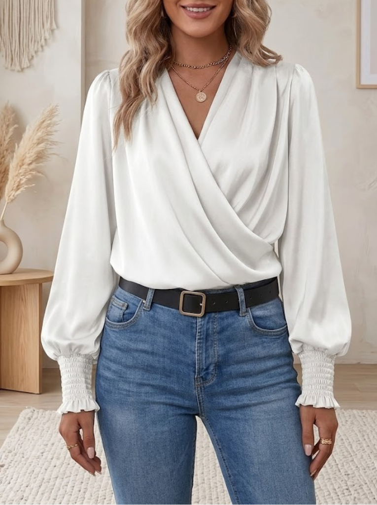 Women's Silk Satin Wrap Front Blouse Long Sleeve V Neck Shirt
