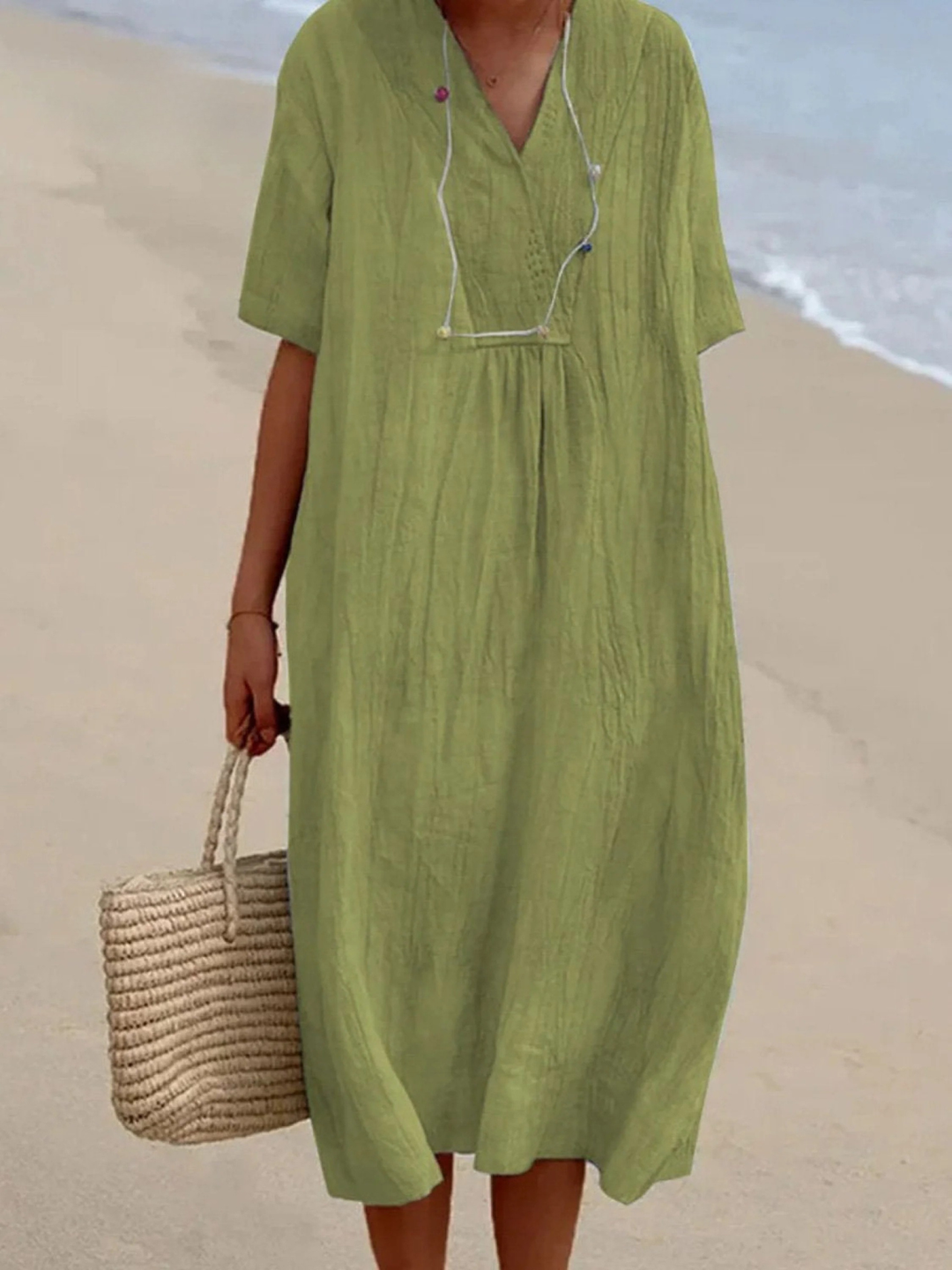 Women's V-Neck Linen Maxi Dress Loose Fit Kaftan Short Sleeve Tunic