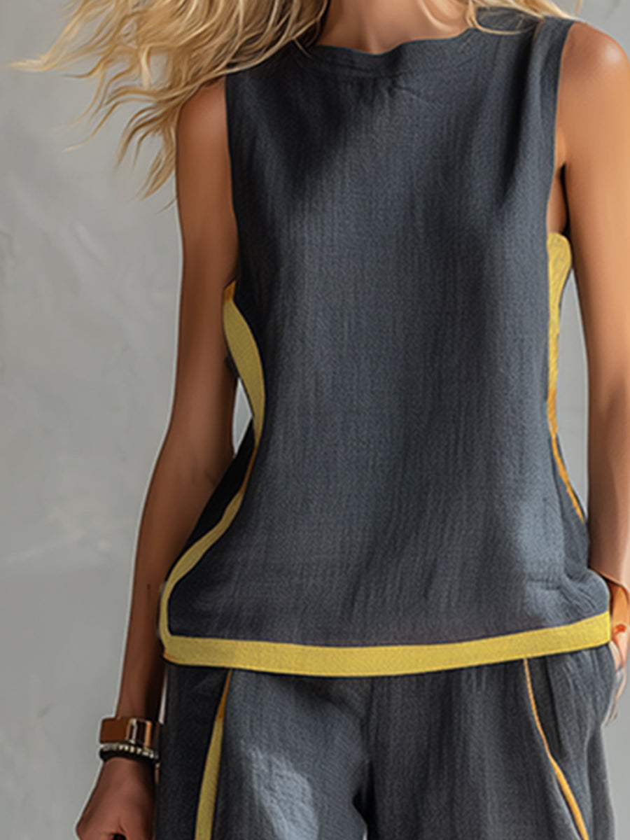 Women's Linen Blend Sleeveless Top and Wide-Leg Trouser Set