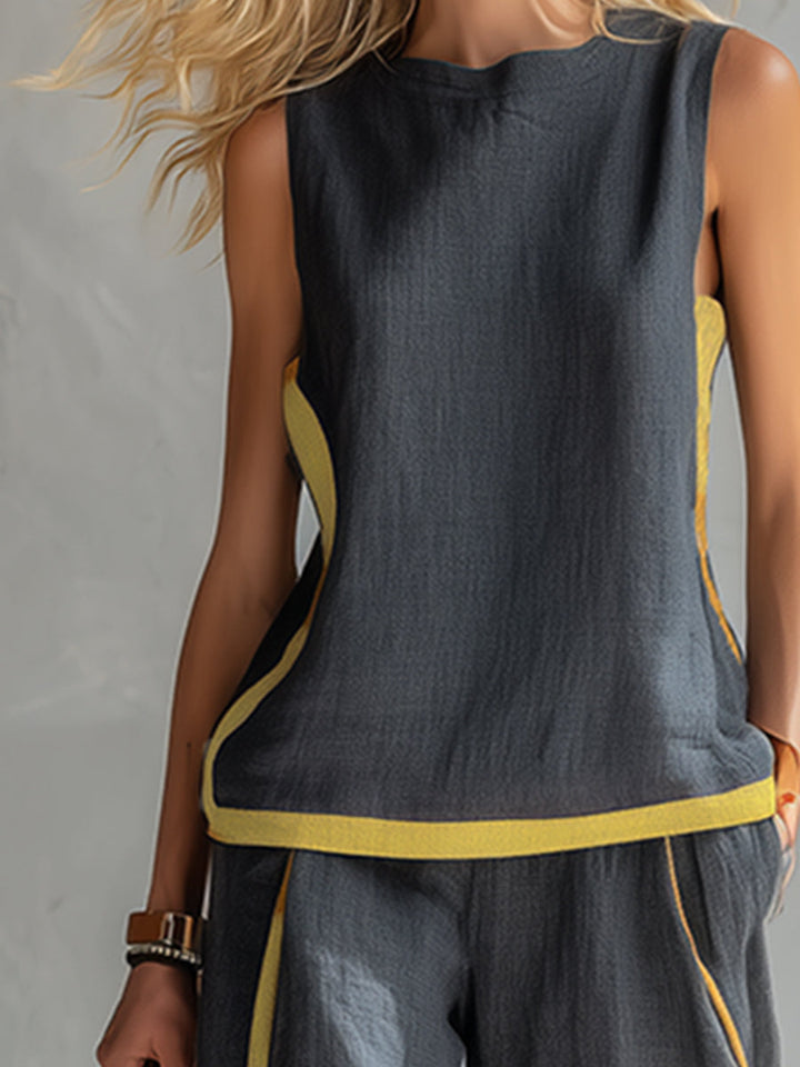 Women's Linen Blend Sleeveless Top and Wide-Leg Trouser Set