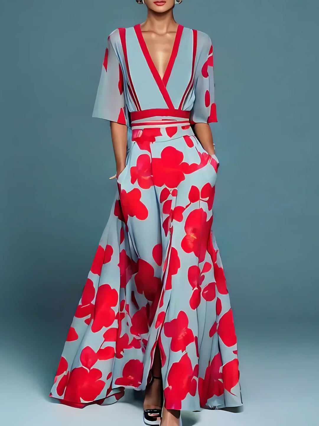 Women's Chiffon V Neck Grey Floral Print Chiffon Maxi Wrap Dress