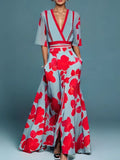 Women's Chiffon V Neck Grey Floral Print Chiffon Maxi Wrap Dress