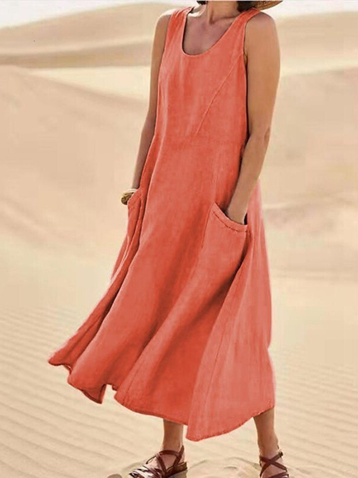 Women's Linen Loose Fit Round Neck Sleeveless Long Maxi Dress