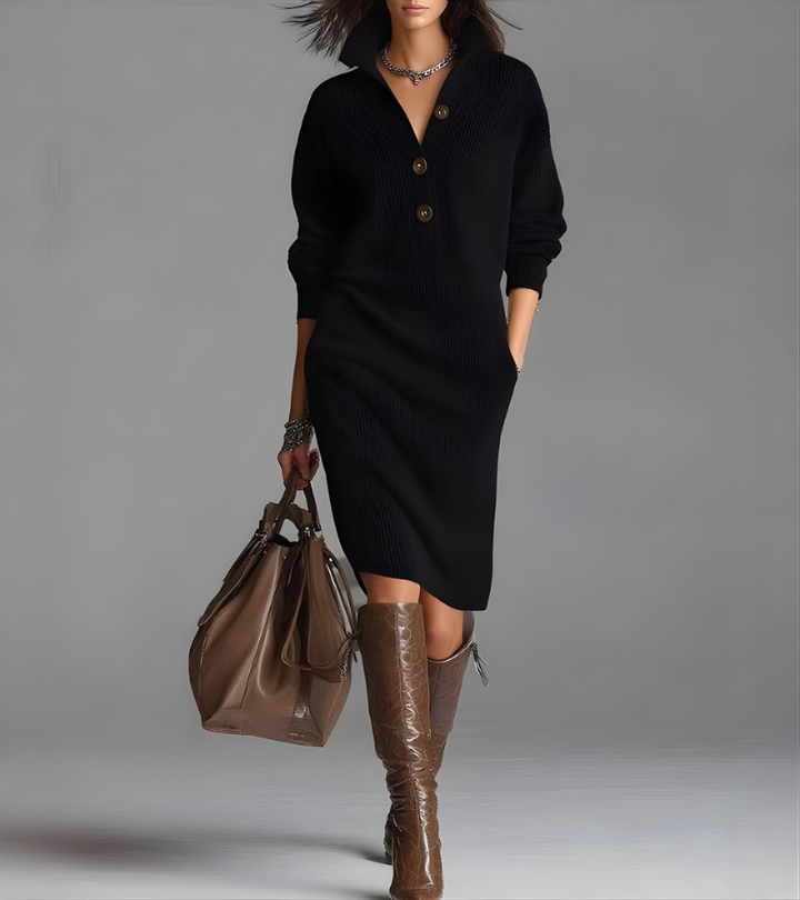 Women's Knit Long-Sleeve Button-Placket Polo Midi Dress