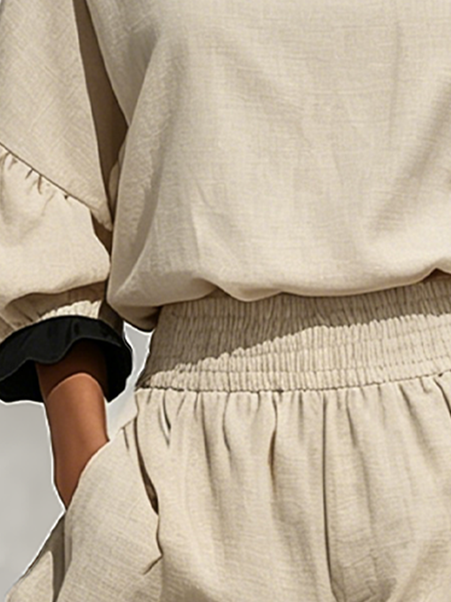 Women's Linen Long Sleeve Shorts Set Two Piece Loungewear