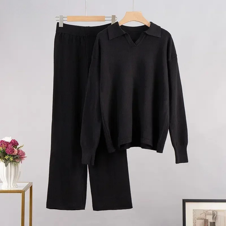 Women's Knit Collar Sweatshirt & Wide Leg Pants Two Piece Set