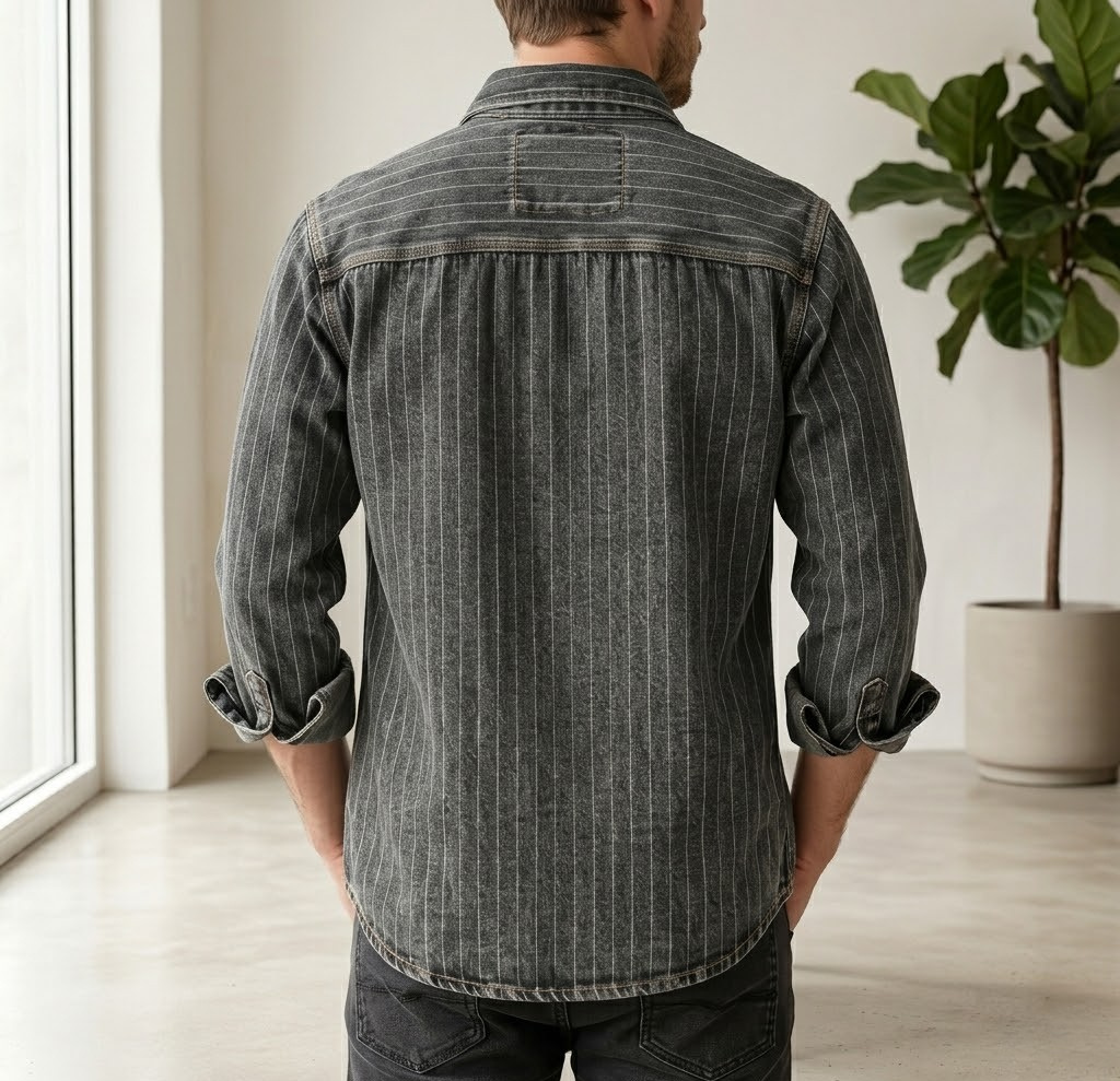 Men's Striped Denim Casual Button Down Shirt