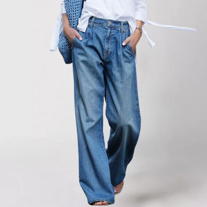 Women's High-Waisted Pleated Wide Leg Denim Jeans