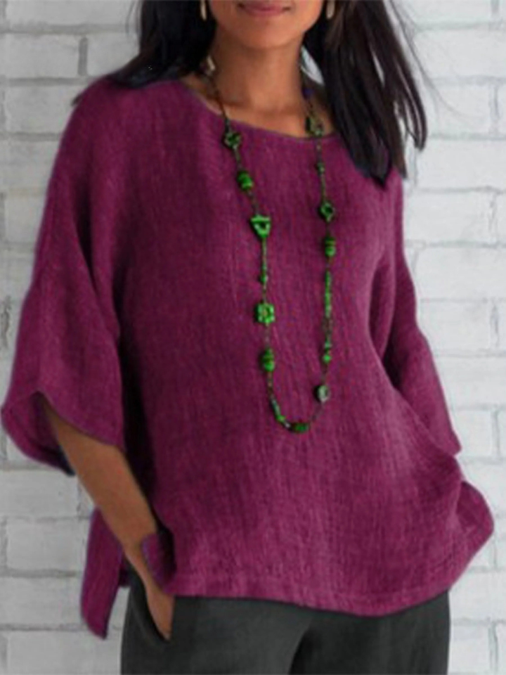 Women's Linen Knit Boat Neck Batwing Sleeve Loose Fit Tunic Top