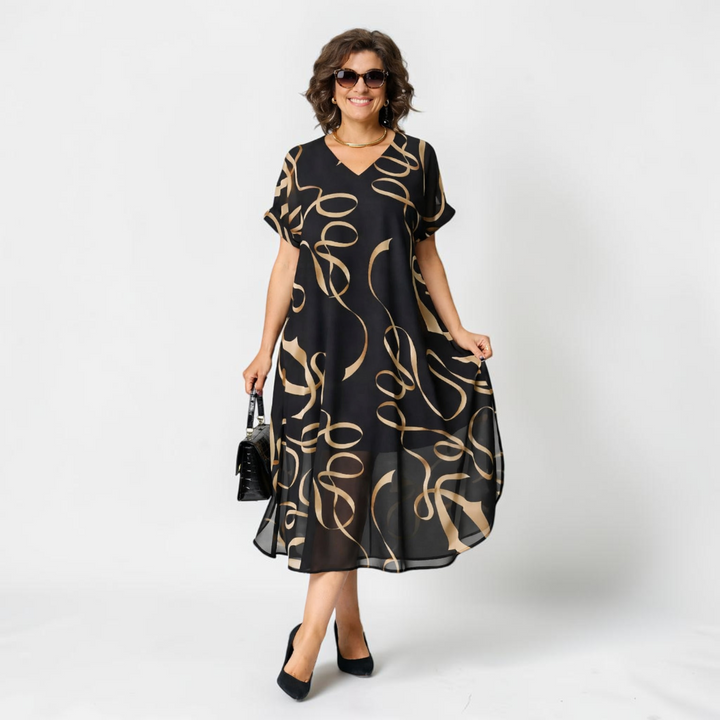 Women's Printed Chiffon Casual Short Sleeve V-Neck Midi Dress 