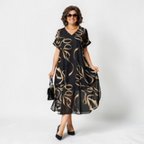Women's Printed Chiffon Casual Short Sleeve V-Neck Midi Dress 