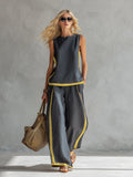Women's Linen Blend Sleeveless Top and Wide-Leg Trouser Set