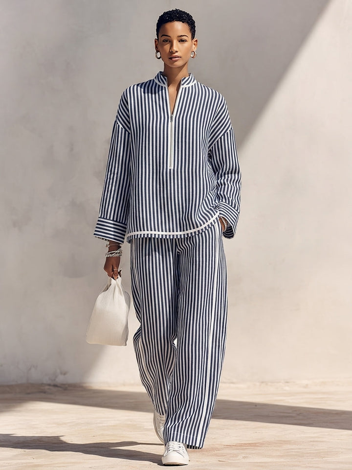 Women Linen Two Piece Set Long Sleeve Top and Wide Leg Trousers
