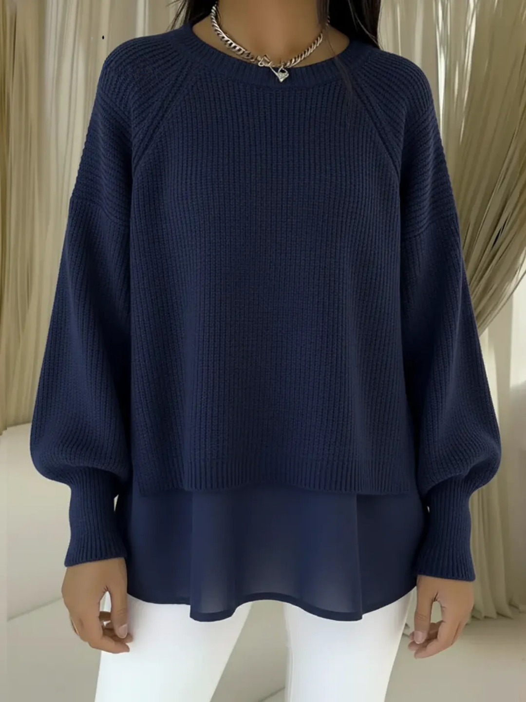 Women's Two-Piece Patchwork Knit Sweater Lantern Sleeve
