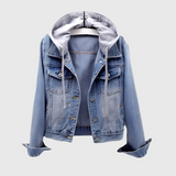 Women’s Denim  Detachable Hood  Button-Up Jacket