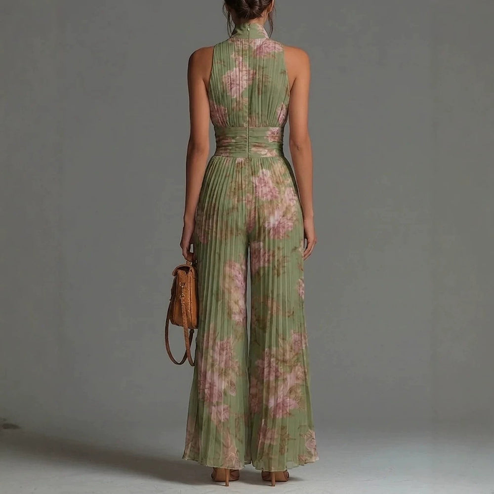 Women's Jumpsuit Satin Halter Neck Wide Leg Elegant Pleated Romper