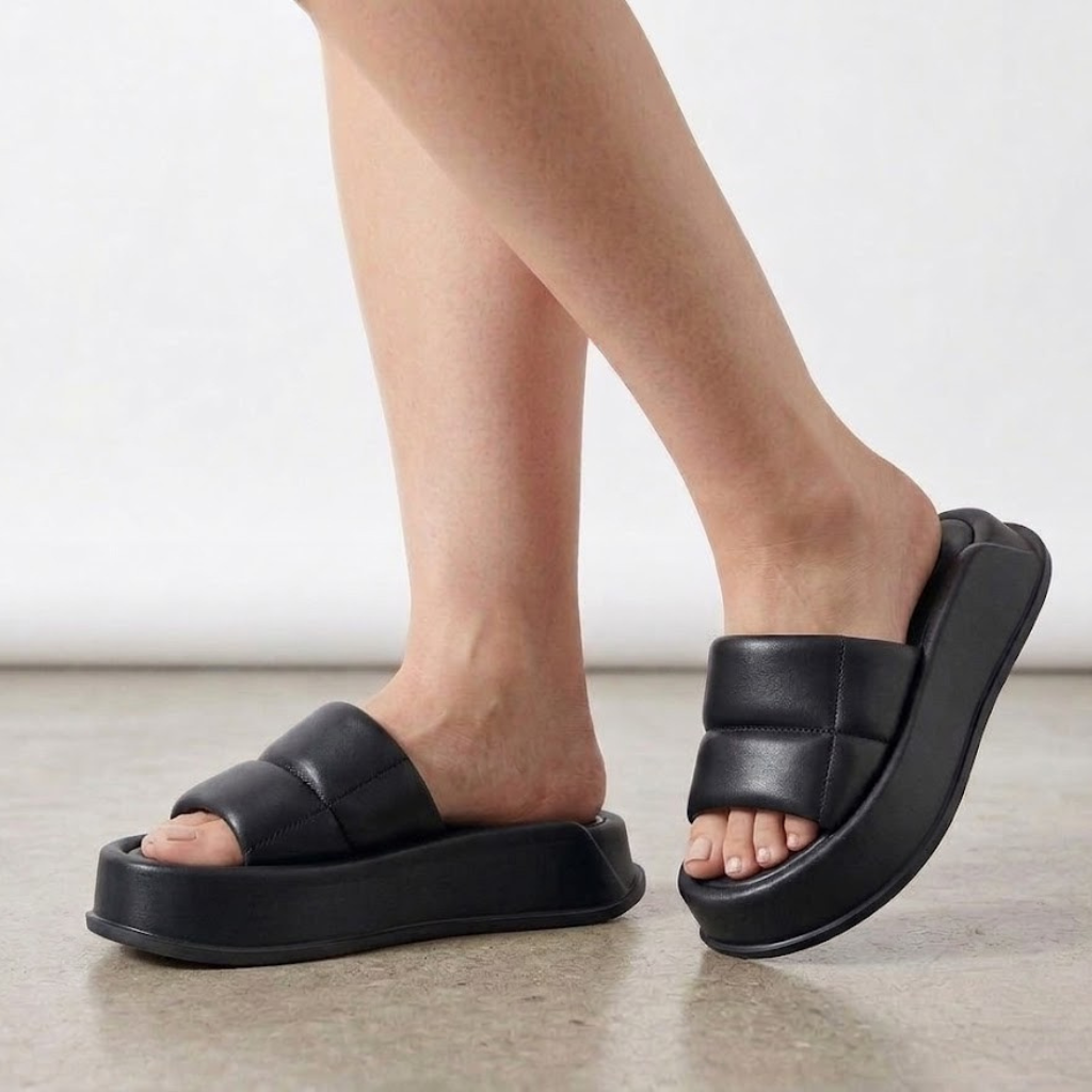 Women's Leather Platform Slides Foam Padded Flat Sandals