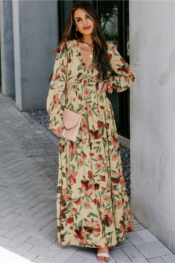 Women's Chiffon Floral V Neck Long Sleeve Maxi Dress