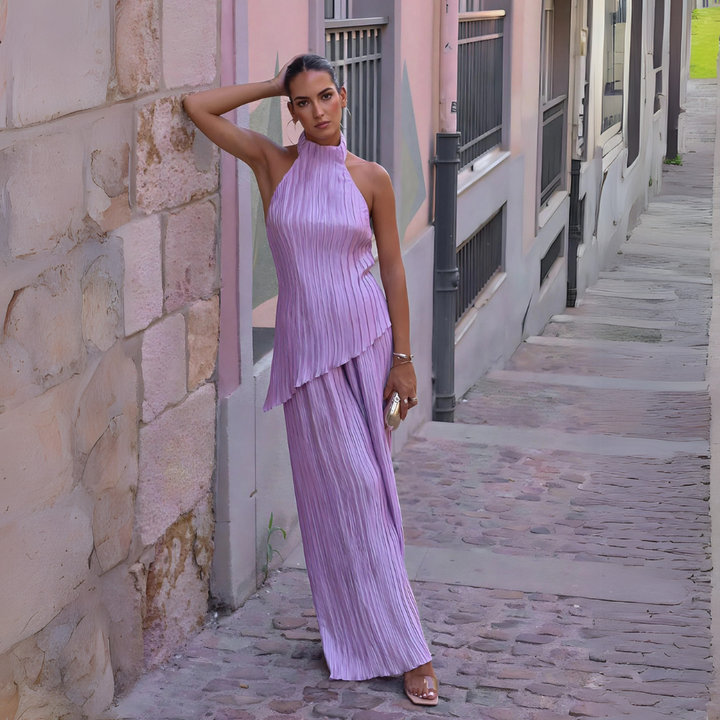 Women’s Linen Blend Halter Top & Wide-Leg Trouser Set