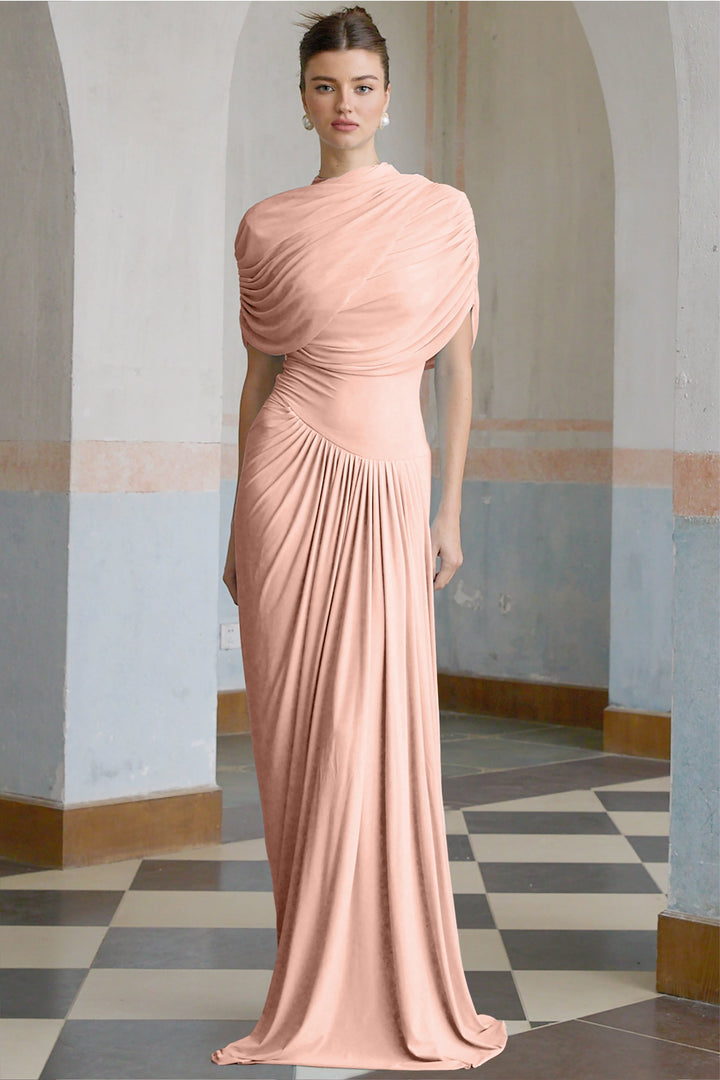 Women’s Satin Draped Mock-Neck Asymmetric Ruched Maxi Dress