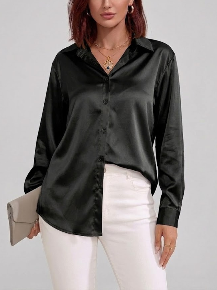 Women's Satin Long Sleeve Button Down Shirt Office Blouse