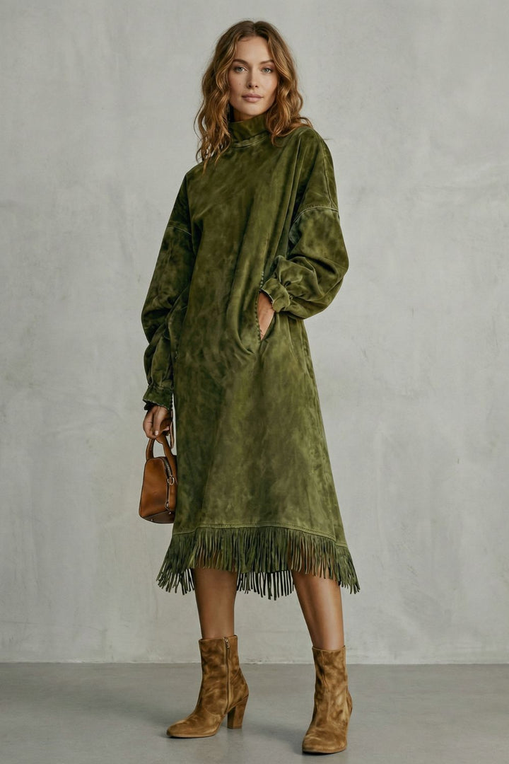 Women’s Faux-Suede Fringe Turtleneck Midi Dress