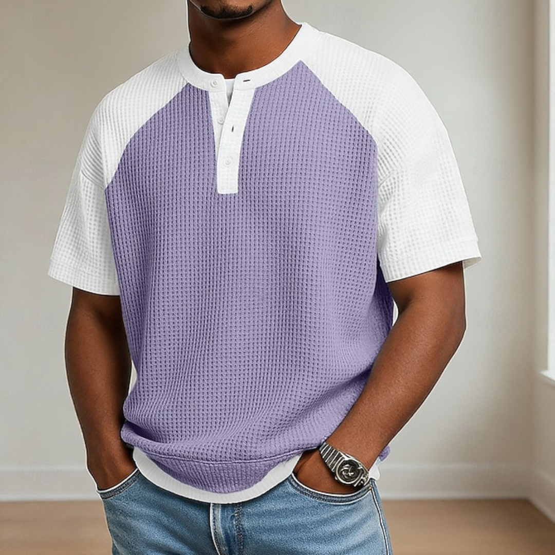 Men's Waffle Knit Short Sleeve Casual Henley Shirt Top