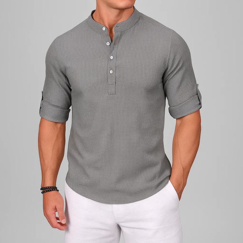 Men's Linen Henley Shirt Roll-Up Sleeve Casual Top