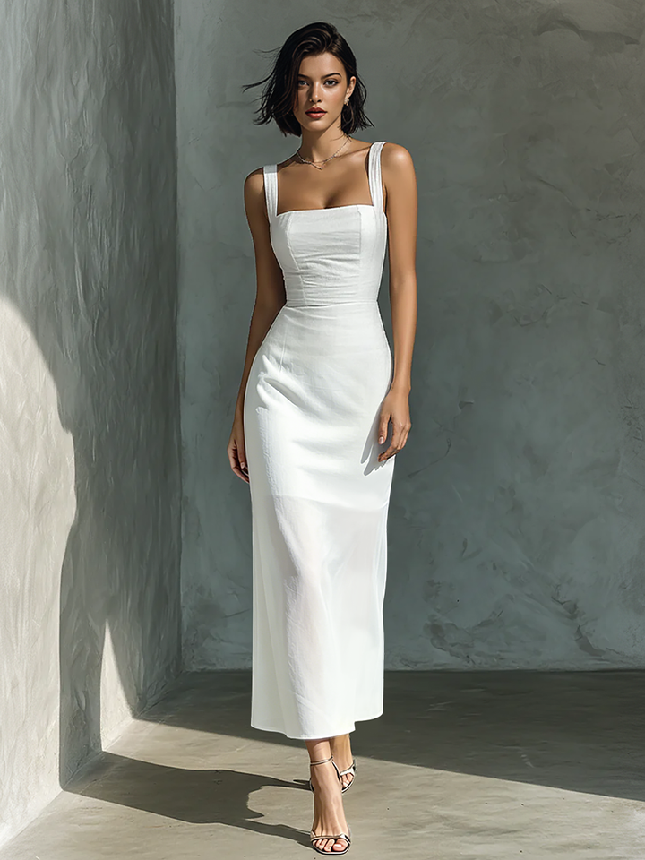 Women's Linen Blend Square Neck Sleeveless Bodycon Midi Dress