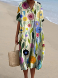 Women's Linen Blend Floral Print V-Neck Short Sleeve Casual Loose Fit Midi Dress