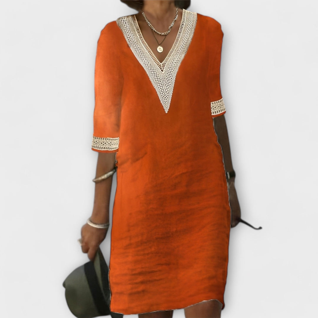 Women Linen V-Neck Crochet Trim 3/4 Sleeve Shift Dress