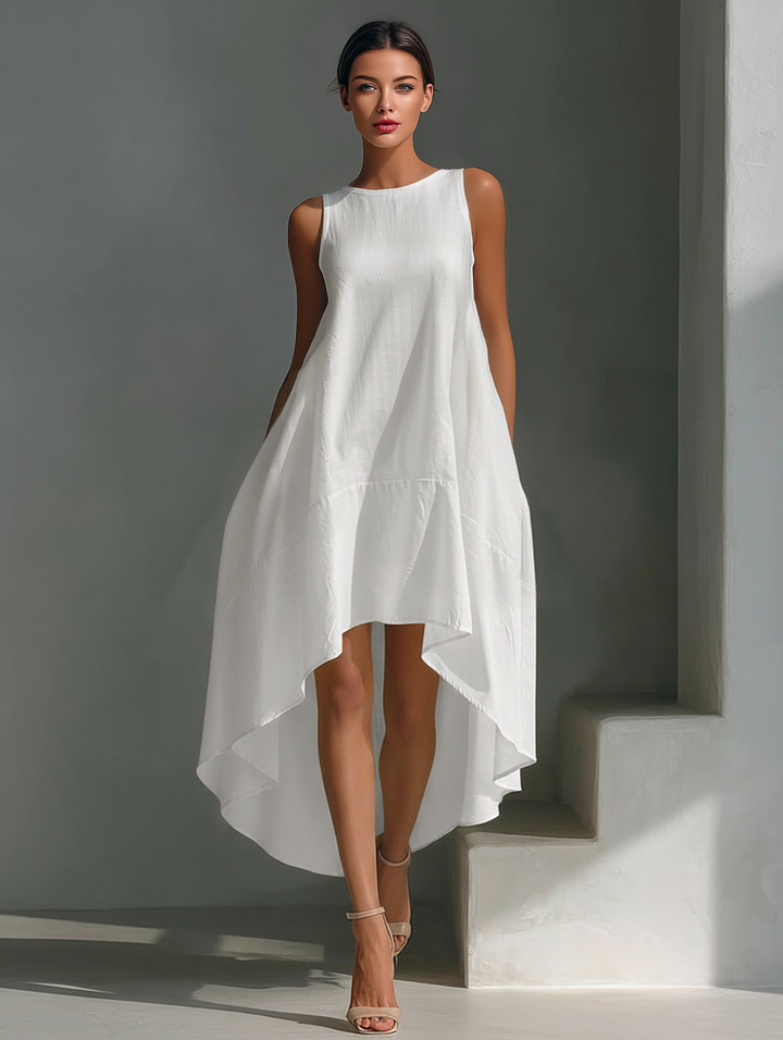 Women's Elegant Linen Sleeveless Round Neck High-Low Midi Dress