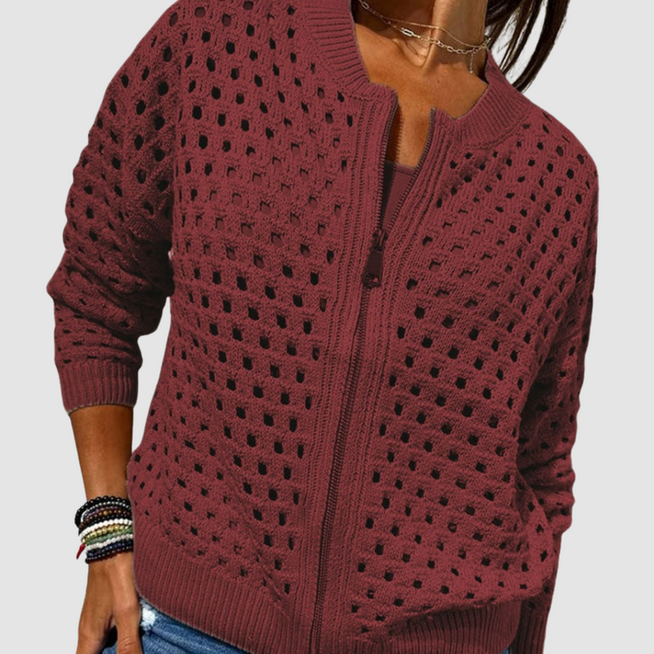 Women's Viscose Blend Open-Knit Zip-Up Cardigan