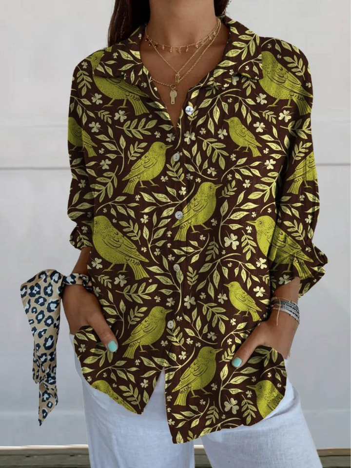 Women's Linen Blend Bird Print Long Sleeve Button Down Shirt