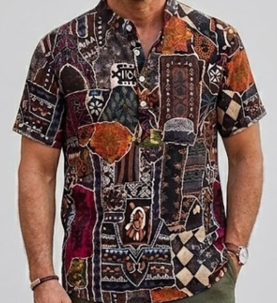 Men's Linen Short Sleeve Shirt Abstract Print Regular Fit Top