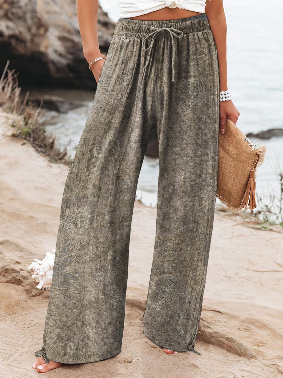 Women's Linen Wide Leg Trousers Floral Print High Waisted Palazzo Pants