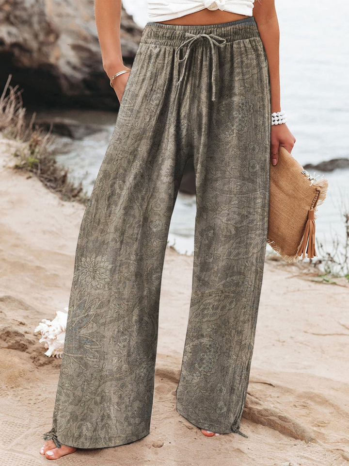 Women's Linen Wide Leg Trousers Floral Print High Waisted Palazzo Pants