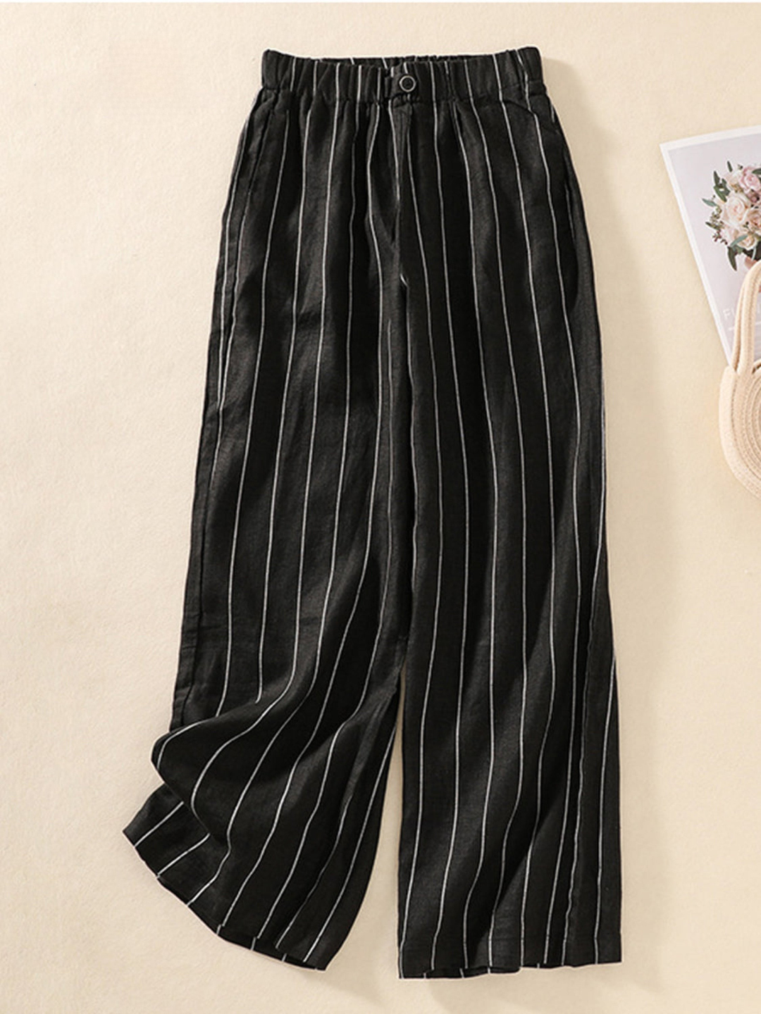 Linen Wide Leg Striped Trousers Women High Waisted Palazzo Pants