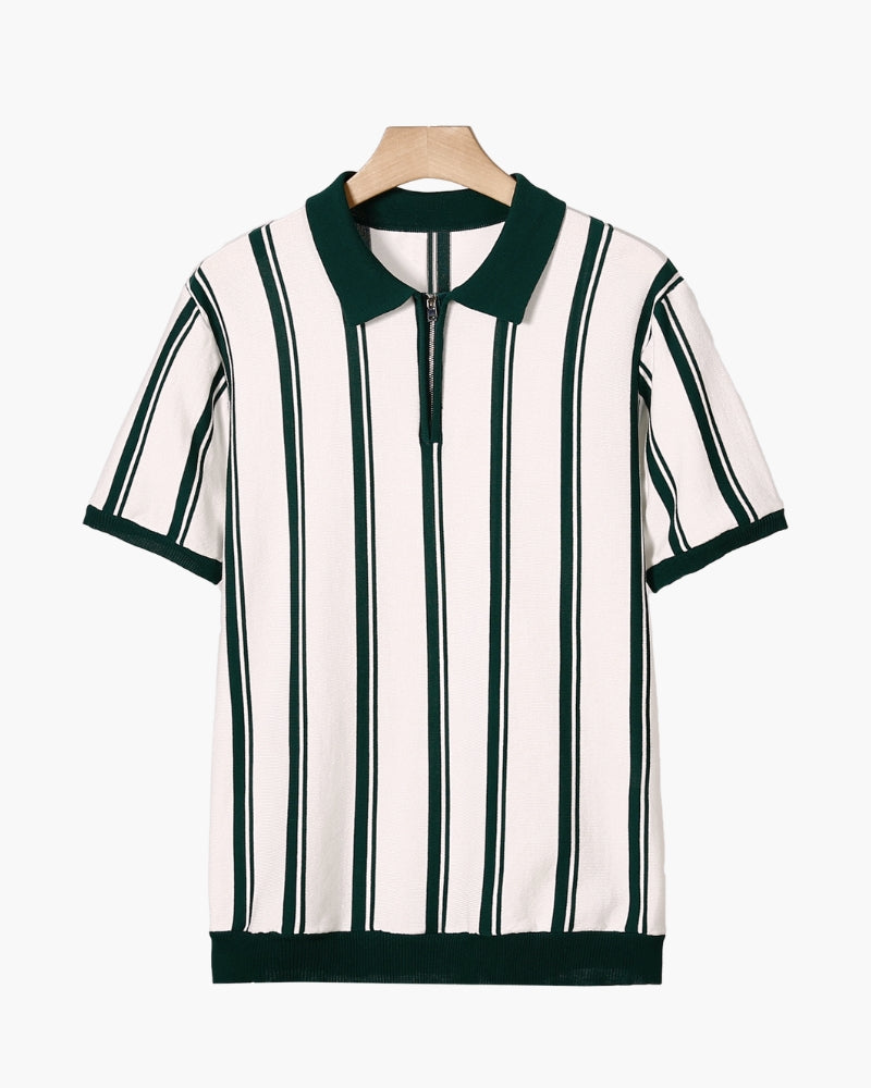 Men's Striped Knit Polo Shirt Quarter Zip Short Sleeve Top