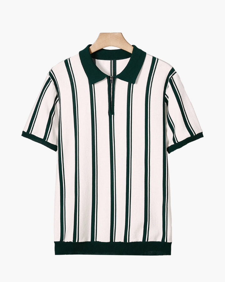 Men's Striped Knit Polo Shirt Quarter Zip Short Sleeve Top
