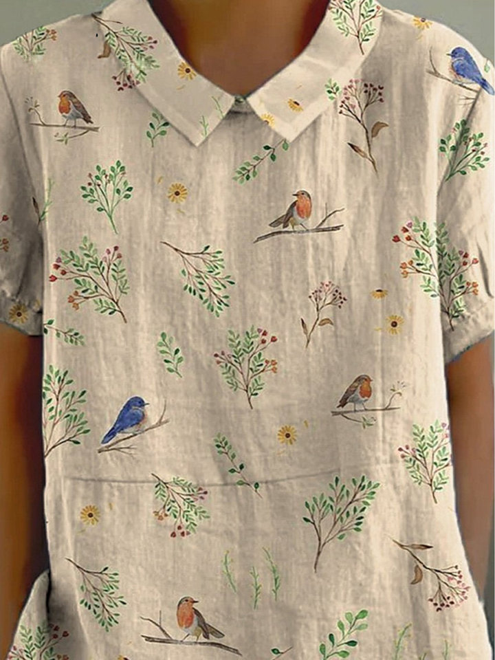 Linen Robin Bird Print Women's Casual Button-Down Shirt and Dress