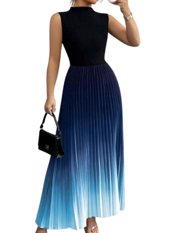 Women's Sleeveless Mock Neck Pleated Maxi Dress Ombre Formal Gown
