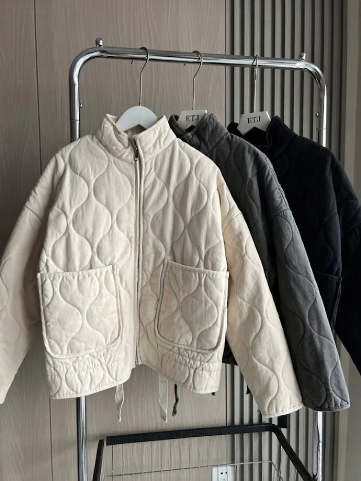 Quilted Fleece Jacket Women's High Neck Zip Up Outerwear