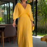 Women’s Pleated V-Neck Linen-Blend Maxi Dress
